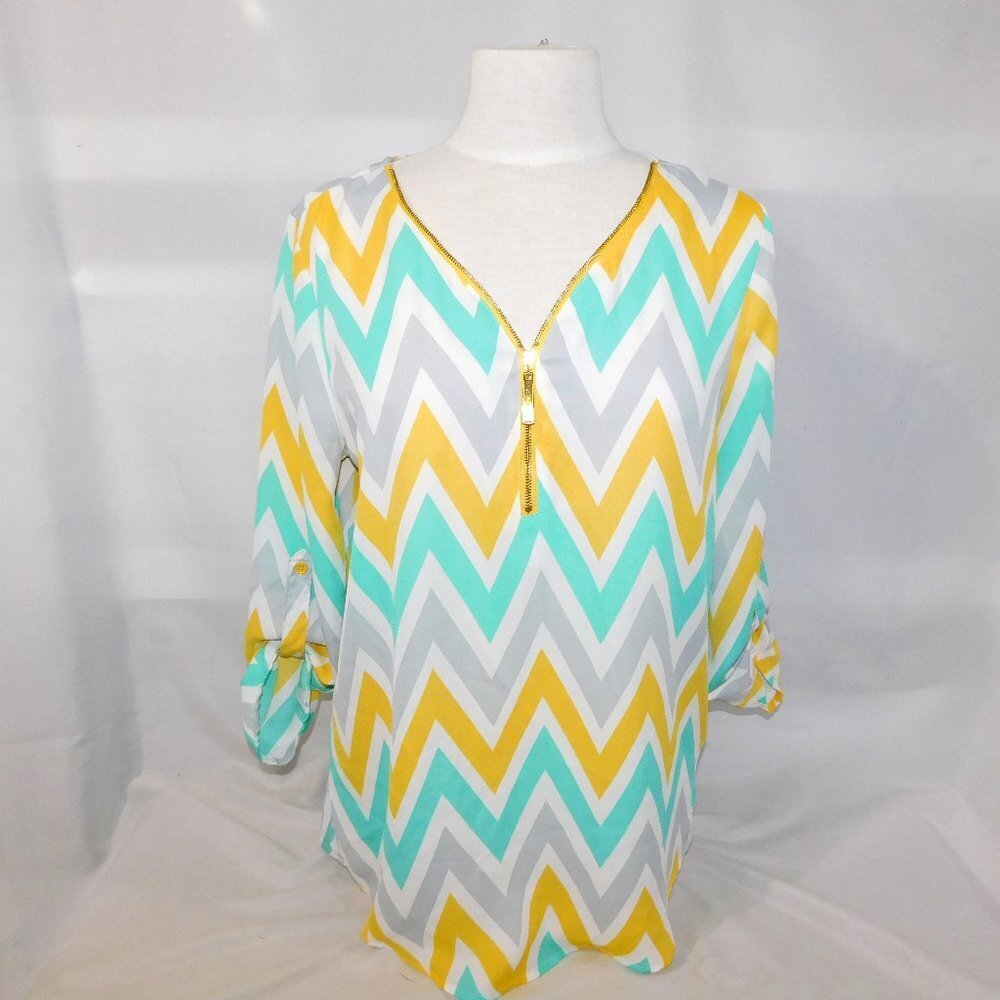 TACERA Sheer Chevron Blouse Yellow White teal gold Zipper flowy Womens M